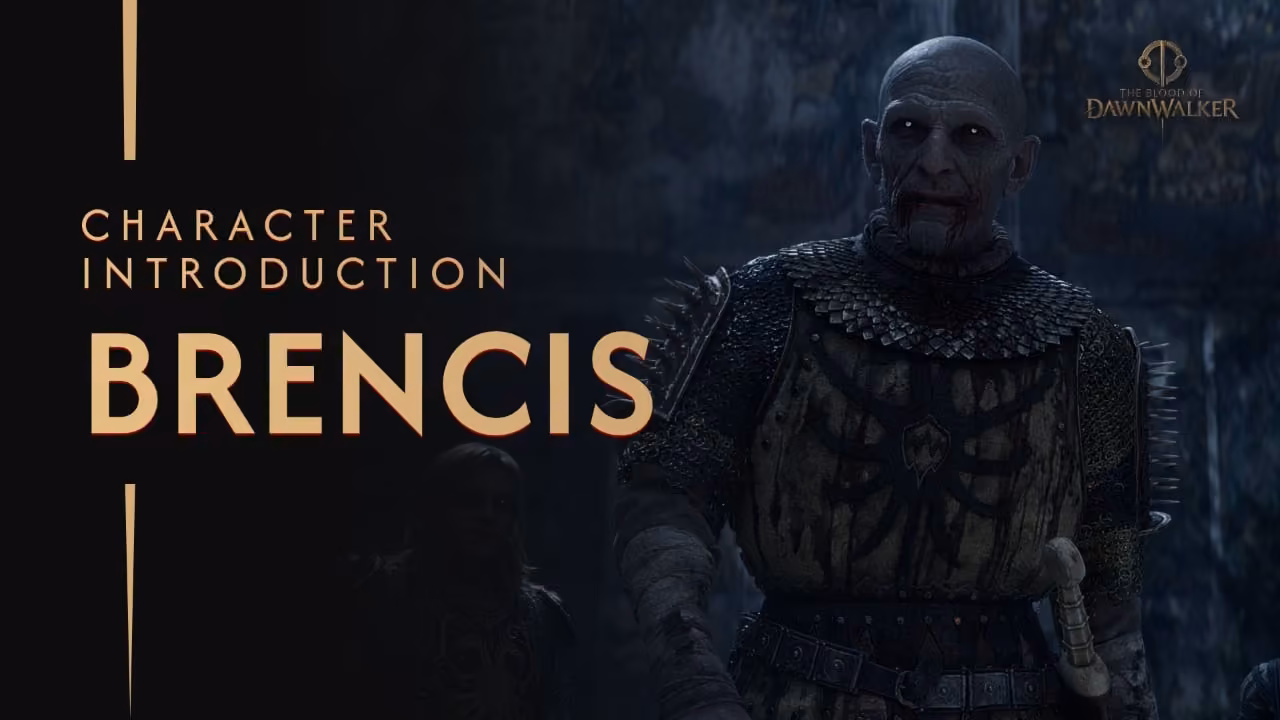Brencis in dark ceremonial armor with a pale face and red-lit background