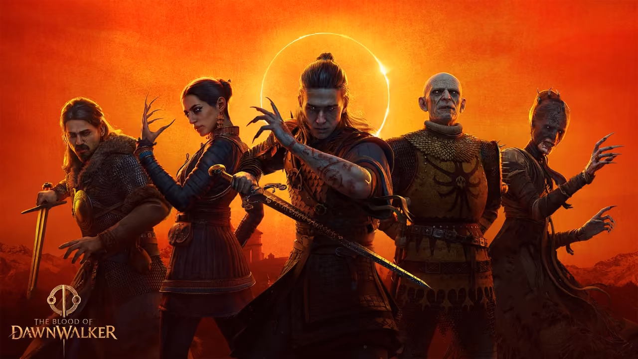 Five characters stand beneath a blood-red eclipse
